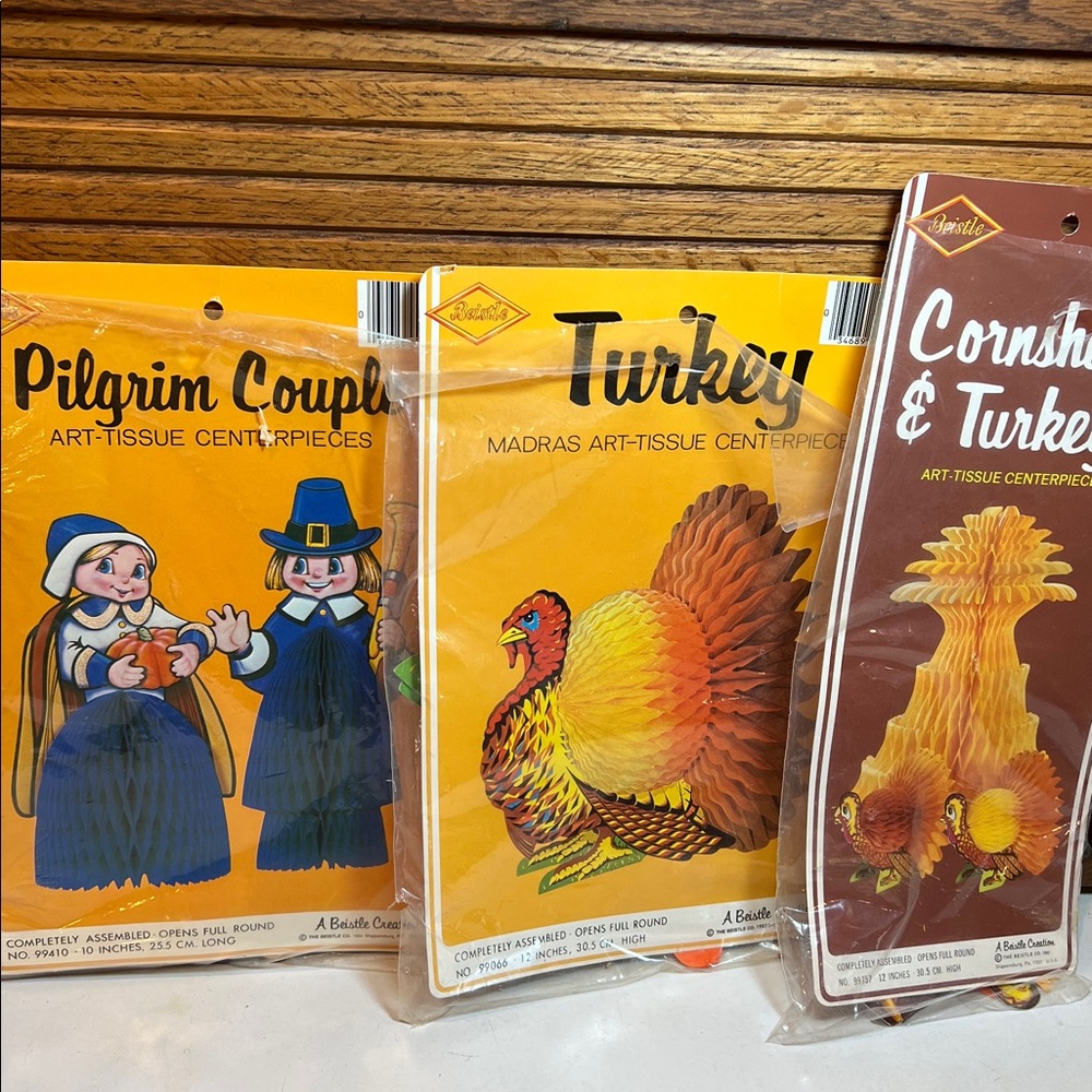 Vintage Thanksgiving Ephemera, paper decorations: Pilgrims, Turkeys, Cornshock